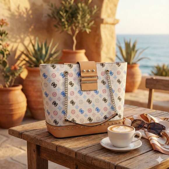 NEW Guess Greta Tote Handbag White Multi Logo Print Faux Leather Tan Trim Studde - Picture 6 of 10